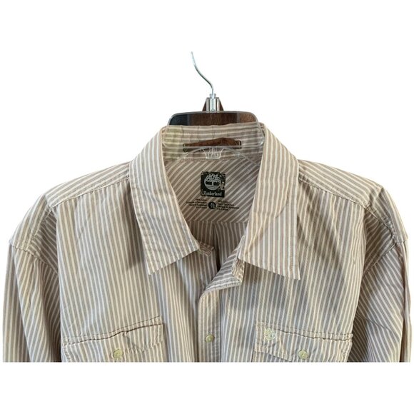 Timberland Mens Size XL Long Sleeve Button Up Shirt Striped Tan Brown Red - Picture 2 of 3